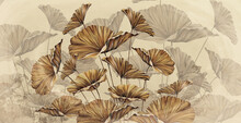 Golden Leaves On A Beige Textured Wall, Art Drawing, Interior Photo Wallpaper