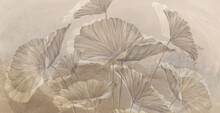 Large Art Painted Leaves On A Textured Wall, In Pastel Colors, Photo Wallpaper For The Interior