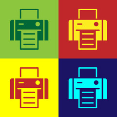 Sticker - Pop art Printer icon isolated on color background. Vector