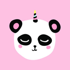 Sticker - Panda with horn, pink background, isolated girlish childish art, wall art, baby shower, textile, mugs, covers, phone cases, cards