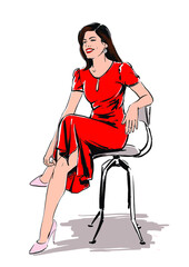 Wall Mural - fashion illustration of beautiful women in red dress sits on chair