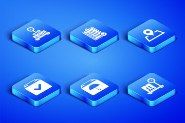 Sticker - Set Scale with cardboard box, Delivery package umbrella, Package check mark, Verification of delivery list and Placeholder map icon. Vector