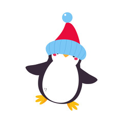 Poster - Cute Penguin with Red Cheeks Wearing Warm Winter Hat Vector Illustration