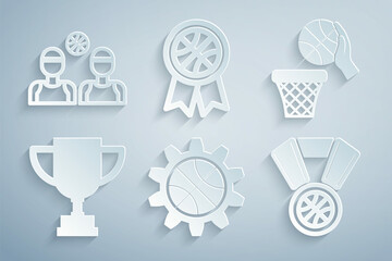 Sticker - Set Planning strategy concept, Basketball ball and basket, Award cup, medal, award and players icon. Vector