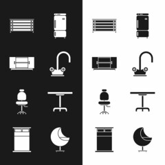 Sticker - Set Water tap, TV table stand, Chest of drawers, Refrigerator, Office chair, Round, Armchair and Big bed icon. Vector