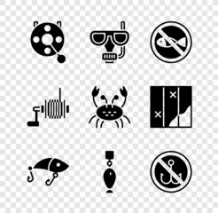 Poster - Set Spinning reel for fishing, Diving mask and snorkel, No, Fishing lure, spoon, and Crab icon. Vector