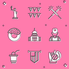 Sticker - Set Statue of Liberty, Carnival garland with flags, Sparkler firework, Donut, White House, Sheriff cowboy, Beer pong game and American icon. Vector