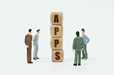 Poster - On a white background, figures of businessmen and wooden cubes with the inscription - APPS
