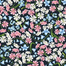 Floral Pattern With Small Pink, Blue, And White Flowers On A Dark Blue Background. Vector Seamless Background