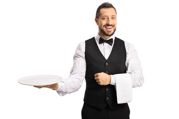 Poster - Professional waiter holding an empty plate and smiling