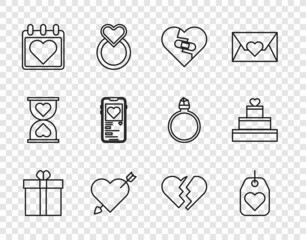 Sticker - Set line Gift box and heart, Heart tag, Healed broken, Amour with arrow, Calendar, Mobile, Broken and Wedding cake icon. Vector