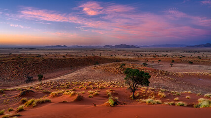 Sticker - A fantastic purple sunset over a desert with red sand at Gondwana in Namibia