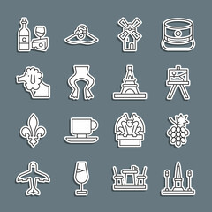 Sticker - Set line Place De La Concorde, Grape fruit, Easel painting art boards, Windmill, Frog legs, Poodle dog, Wine bottle with cheese and Eiffel tower icon. Vector