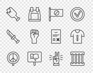 Poster - Set line Peace, Prison window, Protest, Broken bottle as weapon, Raised hand with clenched fist, Hand showing two finger and T-shirt protest icon. Vector