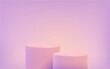© Doloves - Pink background with realistic 3d podiums. Minimal soft scene with standing cylindrical pedestal in pink light. Modern presentation, sale, display of products. Vector illustration