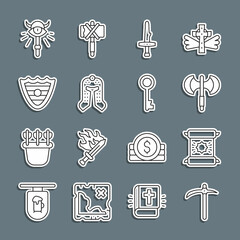 Sticker - Set line Pickaxe, Decree, parchment, scroll, Medieval poleaxe, Dagger, helmet, Shield, Magic staff and Old key icon. Vector