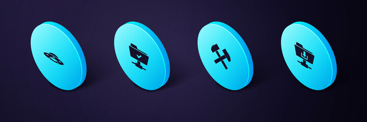 Sticker - Set Isometric FTP folder download, Two crossed hammers, operation successful and UFO flying spaceship icon. Vector