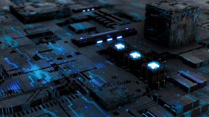 Poster - Blue circuit lines over geometric shapes metal surface. Abstract black and blue technology motion background. Depth of field settings. 3D rendering