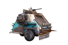 Small Fantasy Post Apocalyptic 3 Wheeler Car Armed With Guns. 3D Rendering Isolated On White.