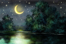 Digital Oil Paintings Landscape, Artwork, Night Landscape With Moon And Stars