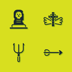 Sticker - Set Grave with tombstone, Arrow, Neptune Trident and Christian cross icon. Vector