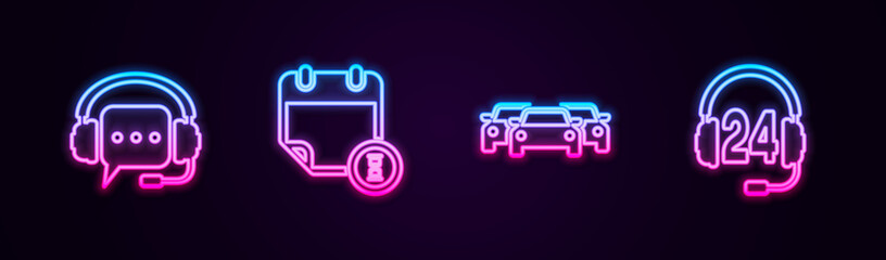 Poster - Set line Headphones with speech bubble, Calendar and clock, Cars and for support. Glowing neon icon. Vector