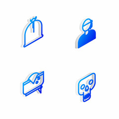 Sticker - Set Isometric line Sailor captain, Pirate sack, hat and Skull icon. Vector