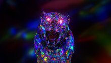 Snarling Diamond Tiger. Nature And Animals Concept. Lowpoly. Blue Neon Color. Symbol Of 2022. 3d Illustration