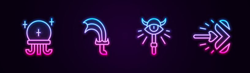 Sticker - Set line Magic ball, Sword for game, staff and arrow. Glowing neon icon. Vector