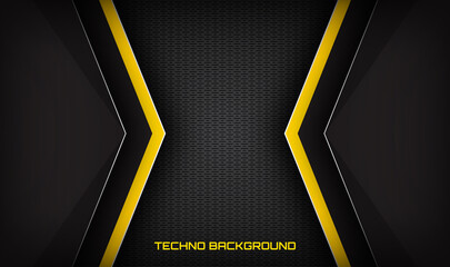 3D black yellow techno abstract background, overlap layers on dark space with white stripes effect decoration. Modern template element future style for flyer, card, cover, brochure, or landing page