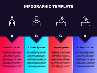 Poster - Set line Rum bottle, Sailor captain, Bottle with message water and Seagull sits on buoy. Business infographic template. Vector