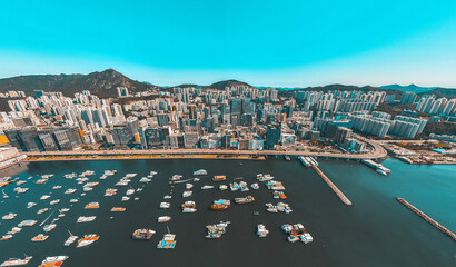 Poster - Panoramic aerial view of Hong Kong city in Orange and Teal  color tone