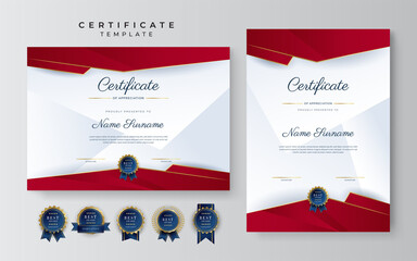 Modern elegant red and gold certificate of achievement template with gold badge and border. Designed for diploma, award, business, university, school, background and corporate.