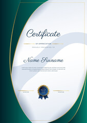 Wall Mural - Modern elegant dark green and gold certificate of achievement template with gold badge and border. Designed for diploma, award, business, university, school, background and corporate.