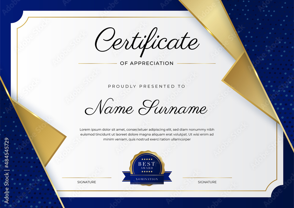 Modern elegant blue and gold certificate of achievement template with ...