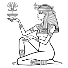 Animation Linear Portrait Of Beautiful Egyptian Woman Holds A Flower In His Hands. Goddess, Princess. Profile View. Vector Illustration Isolated On A White Background. Print, Poster, T-shirt, Tattoo.