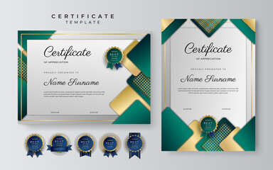 modern elegant dark green and gold certificate of achievement template with gold badge and border. d