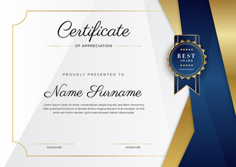 Wall Mural - Modern elegant blue and gold certificate of achievement template with gold badge and border. Designed for diploma, award, business, university, school, and corporate.