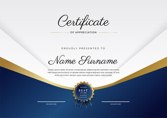 Wall Mural - Modern elegant blue and gold certificate of achievement template with gold badge and border. Designed for diploma, award, business, university, school, and corporate.