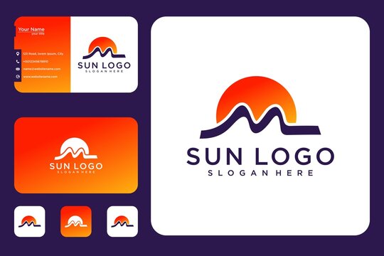Letter m with sunrise logo design and business card