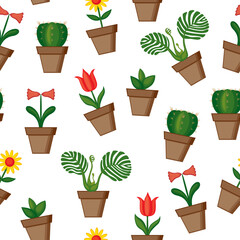 Canvas Print - Cartoon flowers in pots pattern seamless