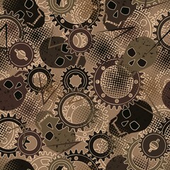 Wall Mural - Seamless pattern with silhouette of gears, skulls, dotted halftone texture. Brown camouflage colors for apparel, fabric, textile, sport goods.