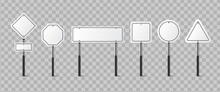 Set Of White Blank Road Sign Isolated. Direction Traffic Signs Boards On Metal Stand, Empty Pointer Post And Directing Signboard