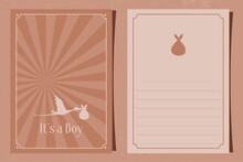Postcard Template. Postcard With The Birth Of A Baby. Image Of A Stork With A Baby Boy In Flight. Greeting Card In Beige Tones To Fill With Text.