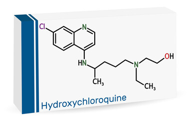 Sticker - Hydroxychloroquine molecule. It is antimalarial medication used to treat malaria, COVID-19, rheumatoid arthritis, lupus erythematosus. Skeletal chemical formula. Paper packaging for drugs