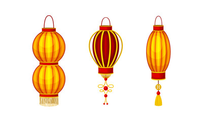 Wall Mural - Red and golden Chinese paper lanterns set. Traditional New Year decor element vector illustration