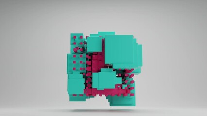 Poster - Loop abstract 3d animation of an array with cubes of different colors and sizes. Futuristic design, cubic pixel style. Material with light noise.