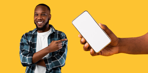Poster - Black guy showing white empty smartphone screen, closeup