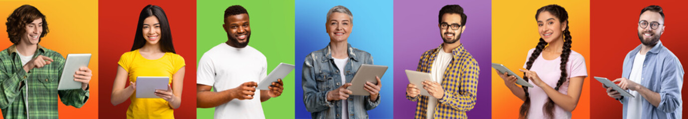 Poster - Social Media Addiction. Diverse Multiethnic People Browsing Internet On Digital Tablets Over Colorful Backgrounds