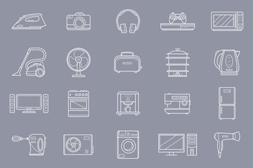 Poster - Electronics Icons set - Vector outline symbols of camera, computer, washing machine, television and other appliances for the site or interface